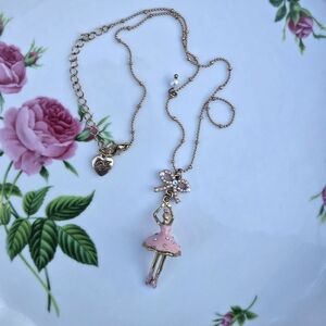 Betsey Johnson Y2K Petite Pink Ballerina Pendant Goldtone Necklace Vintage